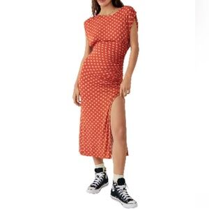 NWT! Free People Lakeside Print Midi Dress Large GINGER COMBO Orange Heart Print